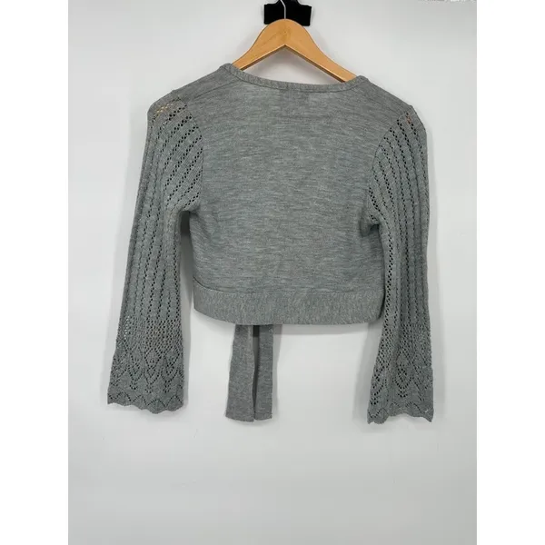 Y2K Vintage Hot Shot Grey Cardigan Tie Sweater Shrug Crochet Bell Sleeve Women M - Image 5