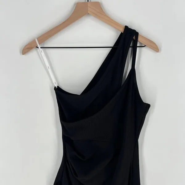 Lulus Womens Size M Black Ribbed One-Shoulder Tulip Hem Faux Wrap Dress‎ M - Image 3