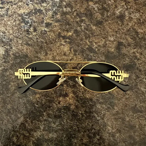 Gold Frame Oval Sunglasses with Black Lenses - Image 2