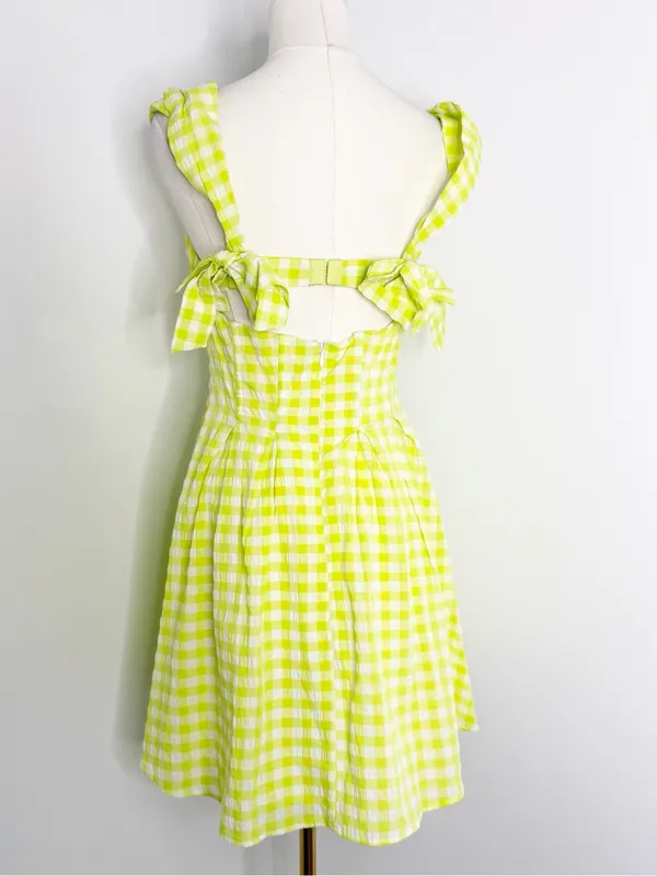 For Love & Lemons August Mini Dress Medium Lime Green White Gingham - Image 4