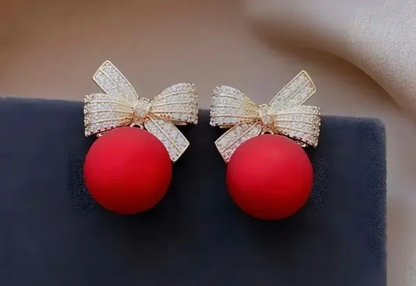 Gorgeous Holiday Bow with Red Shiny Ball Earrings - Image 4