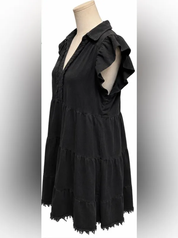 Umgee Black Ruffle Sleeve Tiered Cotton Mini Dress Size 10 Raw Hem - Image 2