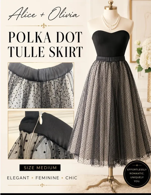 Alice + Olivia Camille Polka Dot Tulle Pouf Midi Skirt Black M NWT $495 - Image 3