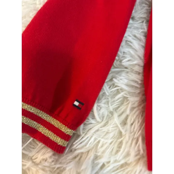 Vintage Tommy Hilfiger Red V Neck Sweater Gold Trim Pima Cotton‎ Blend Size M - Image 5