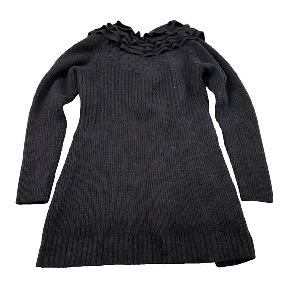 Tahari Long Cardigan Sweater Jacket 100% Merino Wool Size Small Gray Ruffle Snap - Image 6