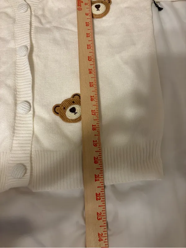Threaded Leaf Teddy Bear Applique Knit Cardigan White NWT XL - Image 6