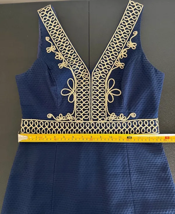 Lilly Pulitzer Navy Blue‎ Gold Embroidered Silk Dress Size 6 - Image 7