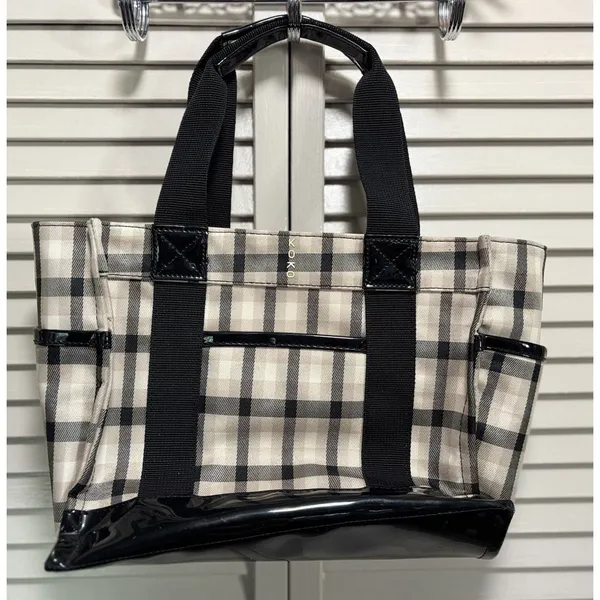 Koko Plaid Insulated Lunch Tote Bag Tan/Blk‎ Pockets Cinch Close Extension - Image 5