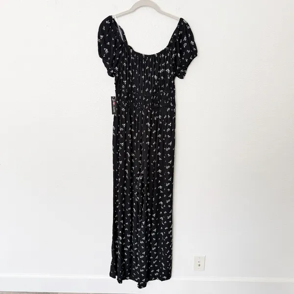 [Justify] Black Puff Sleeve Smocked Floral Print Wide Leg Jumpsuit NWT Sz Large - Image 2