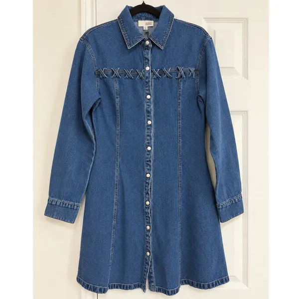 Sunday Edition Lace-Up Denim Mini Dress Blue Long Sleeve Western NWT Small - Image 2