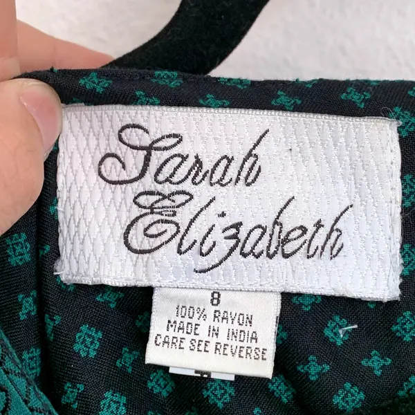 Sarah Elizabeth Vintage Green Black Diamond Print Rayon Cottagecore Dress Size 8 - Image 7
