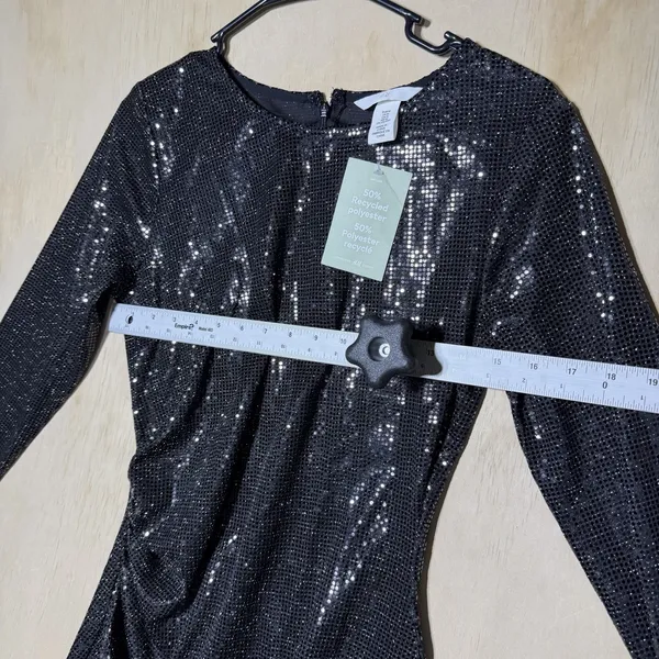 H&M Women's Medium Black Sequin Mini Dress Long Sleeve Ruched Bodycon Party NWT - Image 5