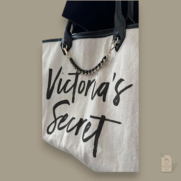 Victoria's Secret 2017 Beige Canvas Tote | Script Logo & Chain - Image 2