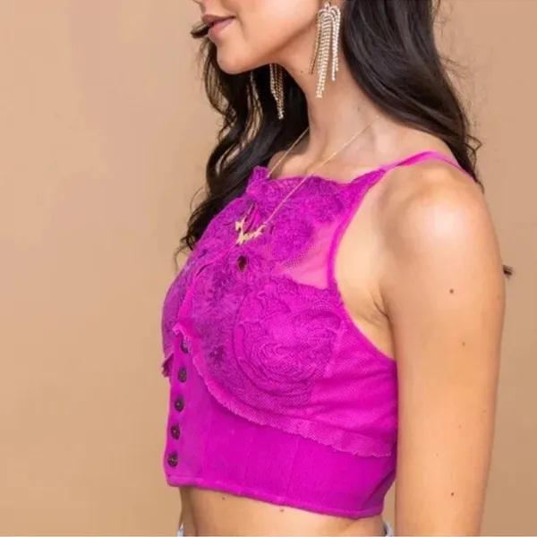 NWT Free‎ People Have My Heart Tank Top Womens XL Pink Lace Corset Crop Cami - Image 3