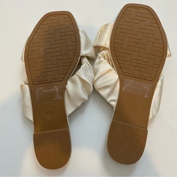 Lulus Dallyce Ivory White Satin Ruched Cross Slide Sandals 7.5 - Image 3