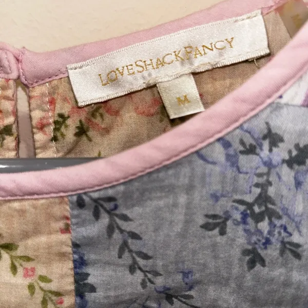 Loveshackfancy Pink and Floral Cotton Patchwork Natasha Ruffle Mini Dress medium - Image 4