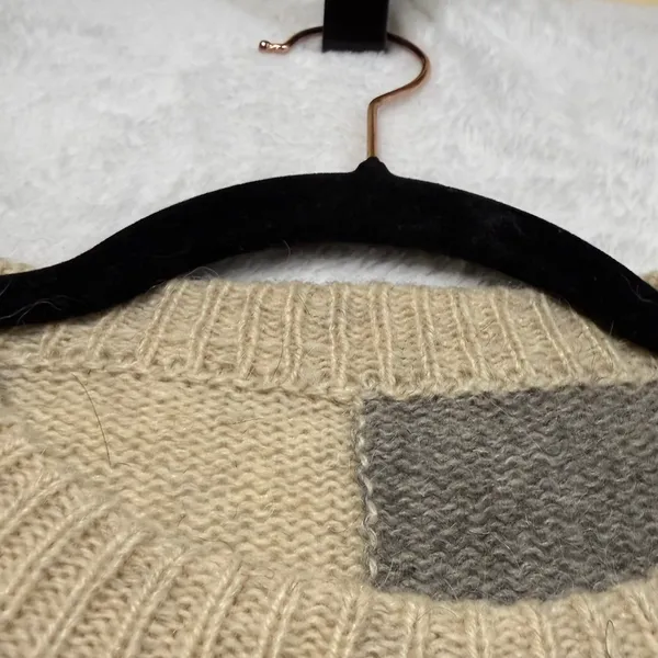 VTG Wool M Beige Intarsia People Graphic Patchwork Crewneck Sweater Winter Artsy - Image 3