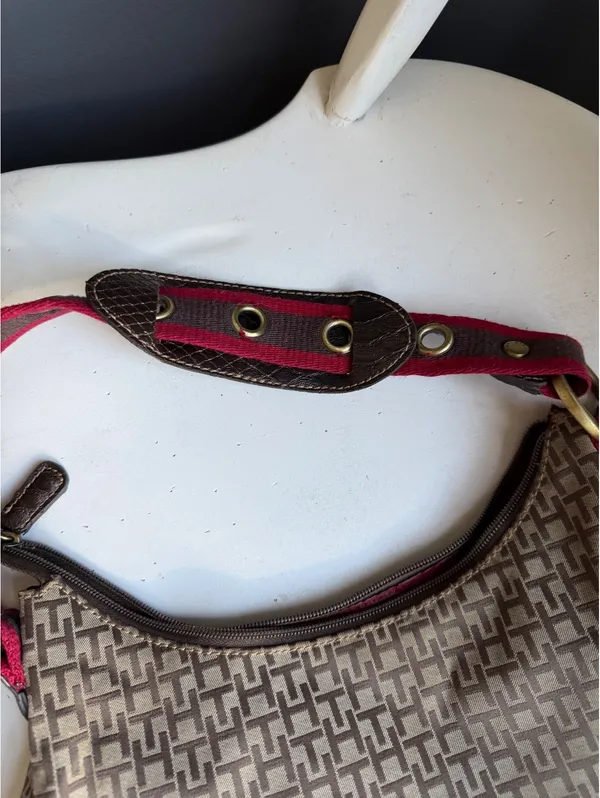 Tommy Hilfiger Brown & Beige Monogram Shoulder Bag with Red Strap - Image 3