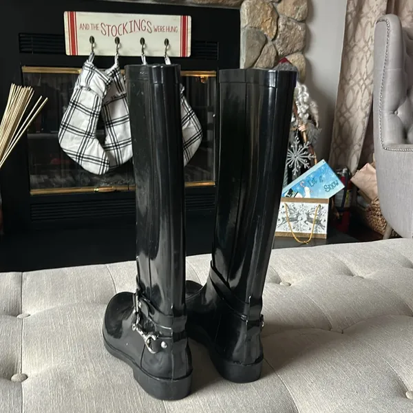 Coach Lori Black Rubber Tall Rain Boots W/ Silver Hardware Size 8 - Image 9
