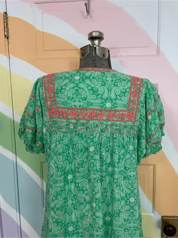 Sister Mary Green Paisley Embroidered Tiered Cotton Mini Boho Dress Sz S 🧡🎀 - Image 6