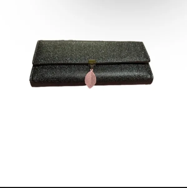 Black Sparkle Clutch Wallet with Pink Leaf Charm - Image 2