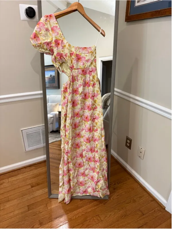 Women's Hello Molly One Shoulder Dress S Yellow Pink Floral - Image 6
