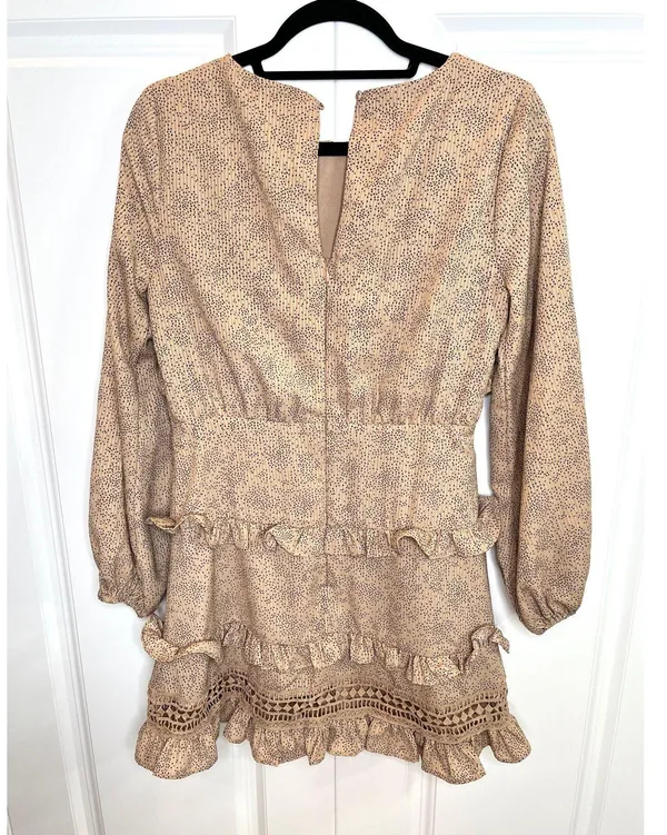 Lulu’s Kiss Me Goodnight Tan Polka Dot Ruffled Long Sleeve Mini Dress - Image 7