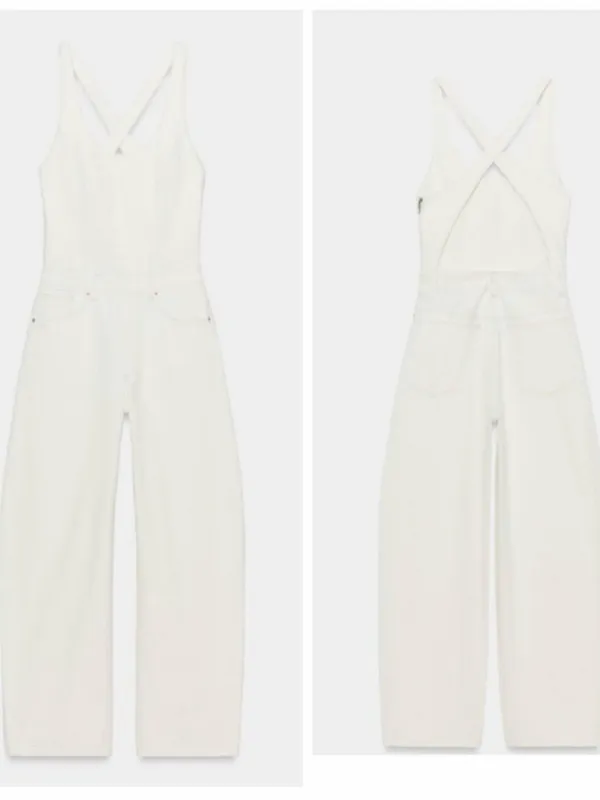 NWT ZARA Bloggers Fave TRF DENIM STRAPPY JUMPSUIT Ecru XXL - Image 5