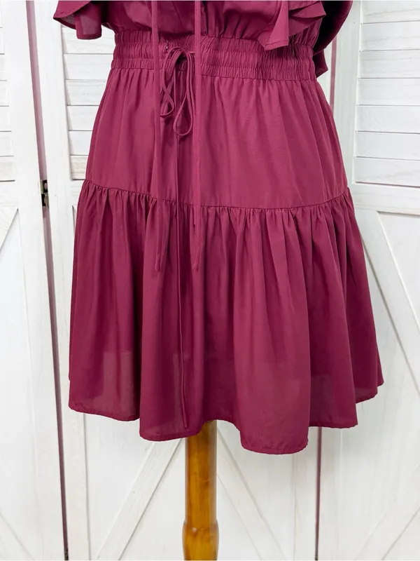 Pinch Isla Flutter Sleeve Tiered Mini Dress Burgundy Maroon Red Medium - Image 6