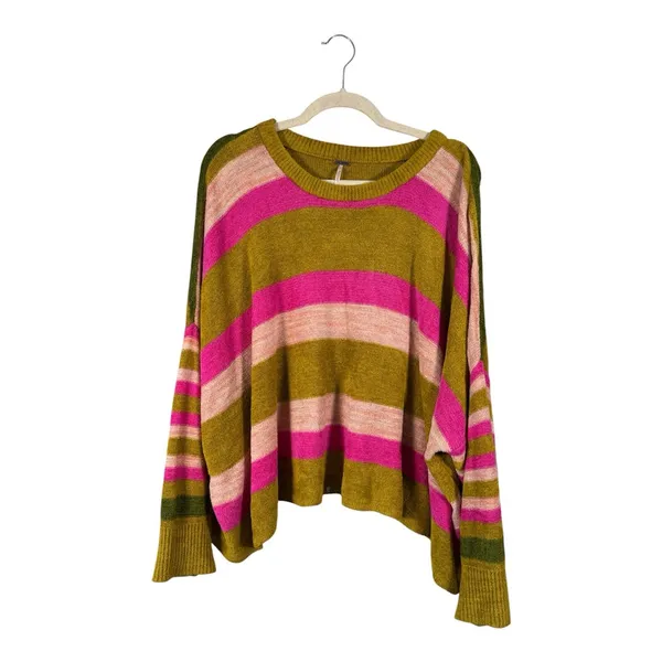 Free People Striped Green Pink Striped Oversized Sweater Womens S Boho Casual - Image 2