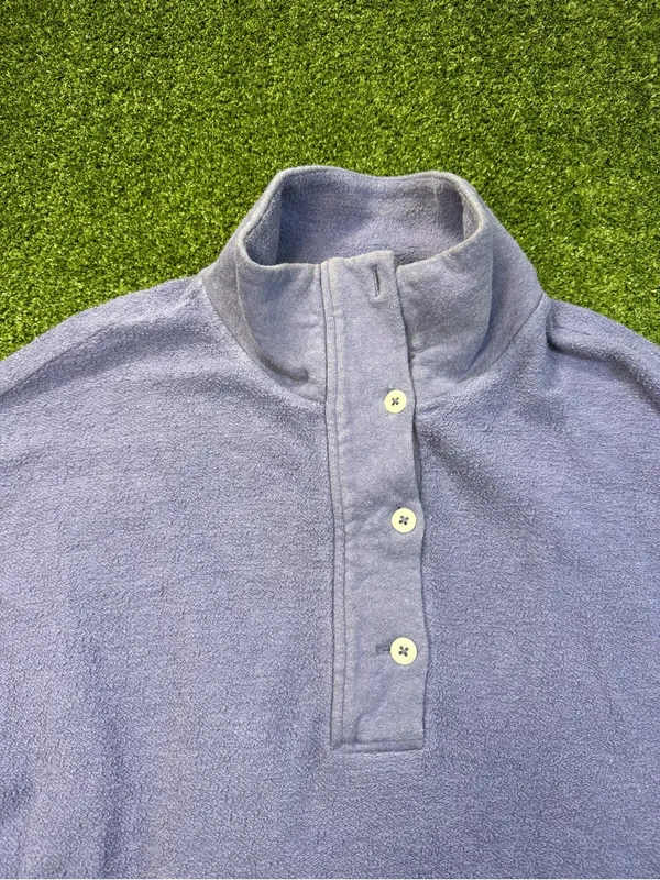 REI Co-Op Purple‎ Terrycloth 1/2 Button Pullover Cropped Sweatshirt Mock Neck S - Image 2