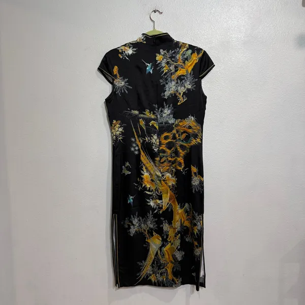 Vintage Style Black Satin Cheongsam Bird Print Midi Dress Sz M - Image 7