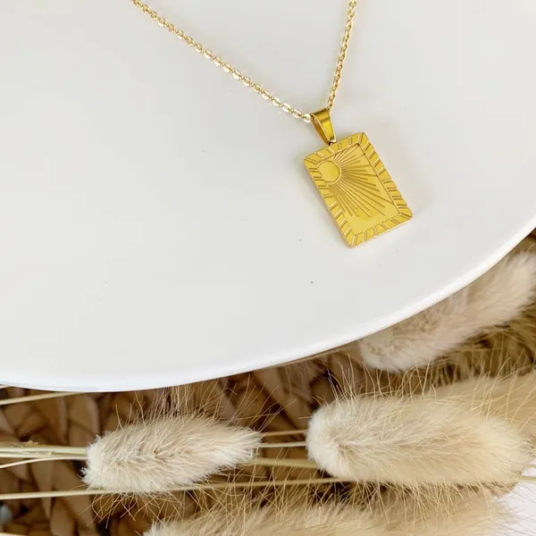 Boutique 18k Gold Sunburst Square Pendant Boho Necklace - Image 6