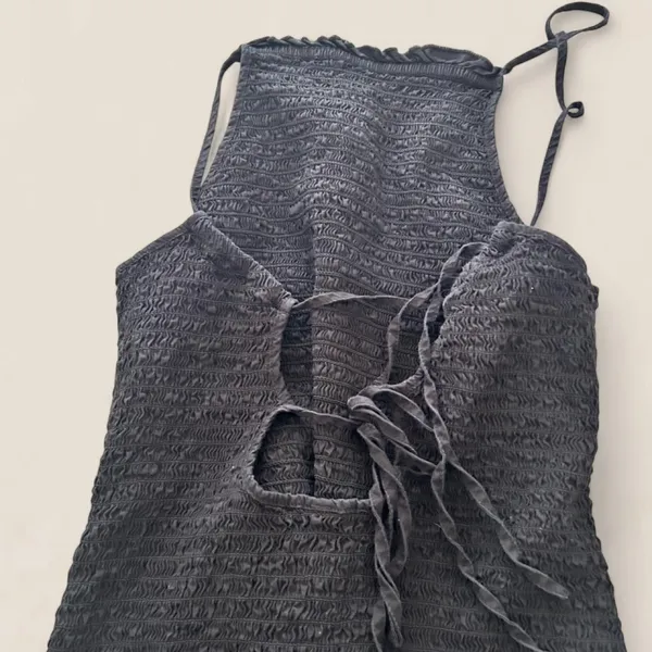 Free People Lyla Black Smocked Mini Dress Lace Up Open Back Y2K Size M - Image 6