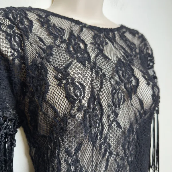 Anthropologie Sleeping on Stars Women Crochet Lace Top‎ Black Fringe Western - Image 7