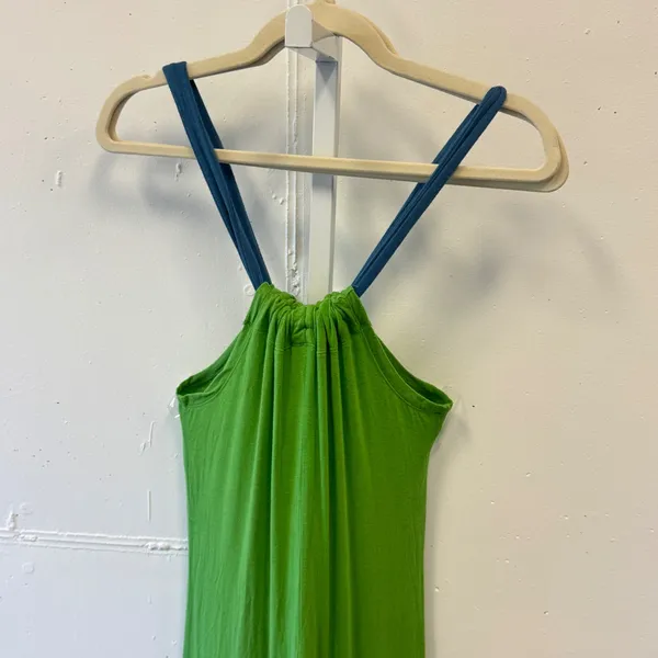 Mick & Mo Lime Green Halter Maxi‎ Dress Blue Trim Rayon Size L Boho Summer - Image 5