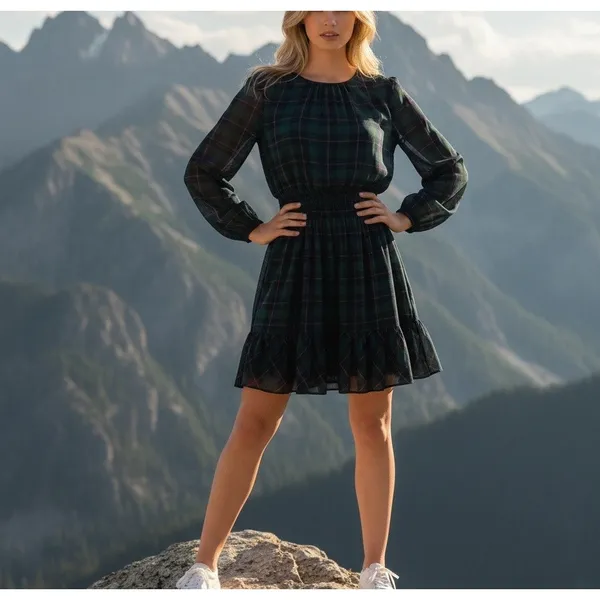 J.Crew Green Plaid Fit Flare Mini Dress LARGE Celtic Smock Party Designer $138 - Image 3