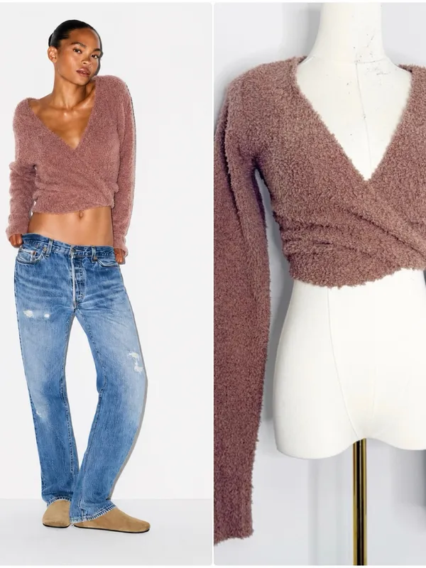 SKIMS Cozy Knit Wrap Sweater S/M Teddy Fuzzy Cropped Tie Front Brown - Image 2