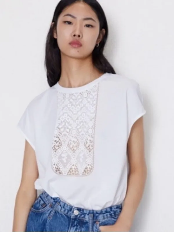 Zara White Lace-Front Short Sleeve Tee - Image 2