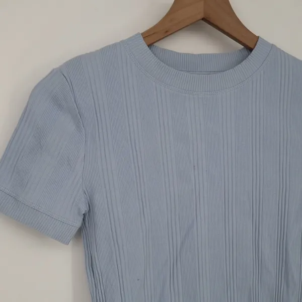 Zara Sweater Womens Small Light Blue Ribbed Knit Short Sleeve Crew Neck Pullover - Image 4