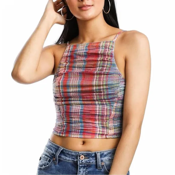 Free People Real Love Crop Top Women’s S Red Blue Plaid Ruched Wrap Y2K Boho - Image 8