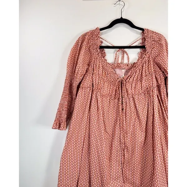 Free People Mini Dress Red Star Dip Smocked Allover Print Loose A Line Large - Image 5