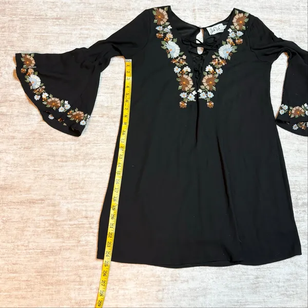 Va Va Joy Han Womens Small Black Embroidered Floral Midi Dress Retro Bell Sleeve - Image 3