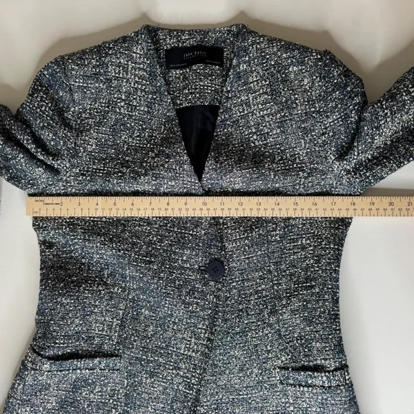 Zara Basic Collection Textured Knit Tweed Blazer Jacket‎ Medium Blue Office Chic - Image 9