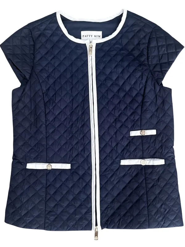Patty Kim Navy Blue White Trim Quilted Zip Up Cap Sleeve Lightweight Vest XS - Image 6