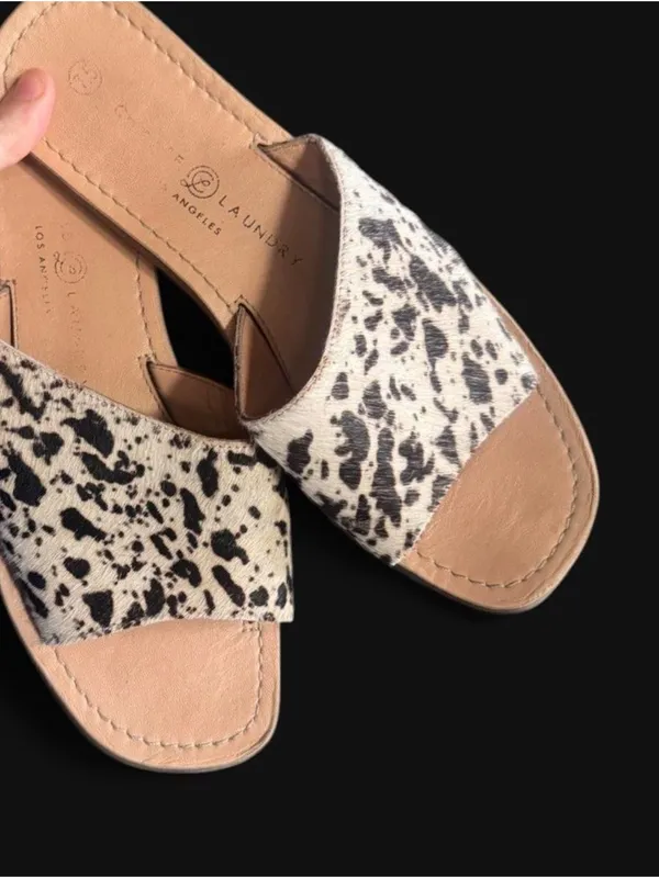 Chinese Laundry Regina / Moonshine Cow Print Calf Hair Slide Sandals - Image 2