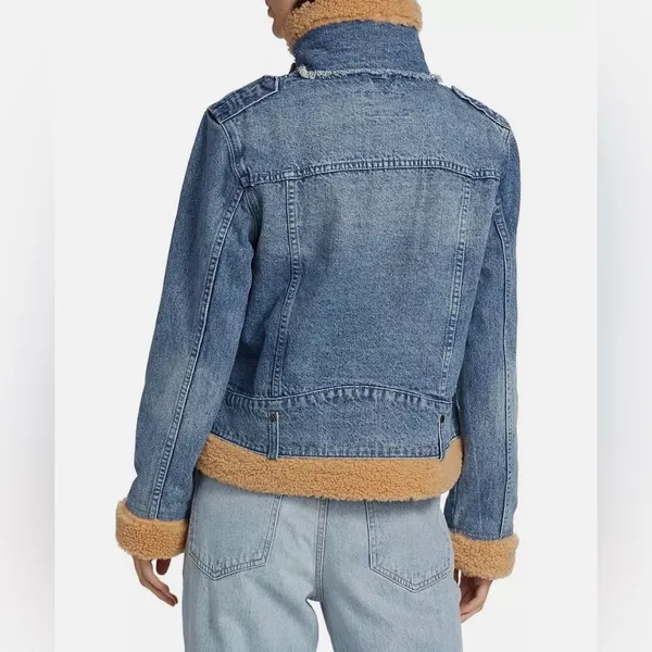 Free People Rylee Denim Jacket Faux Shearling Lined – Med Wash – Size Large NWT - Image 9
