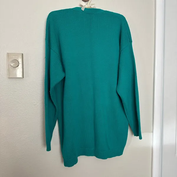 Vintage 90s Nordstrom 100% Cotton Knit Teal Button Up Vneck Cardigan Drop Sleeve - Image 9