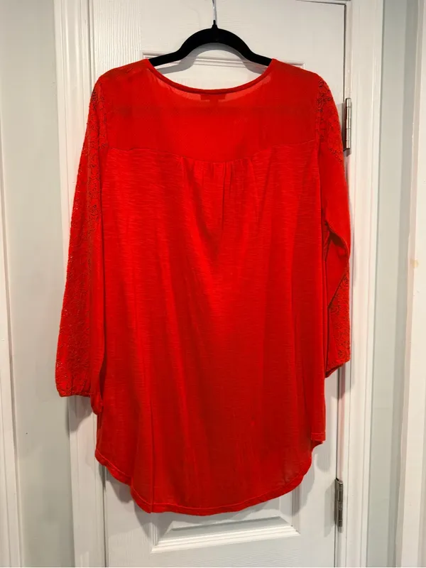 Lucky Brand Size XL Red Lace Boho Tunic Blouse 3/4 Sleeve Floral Peasant Top - Image 6