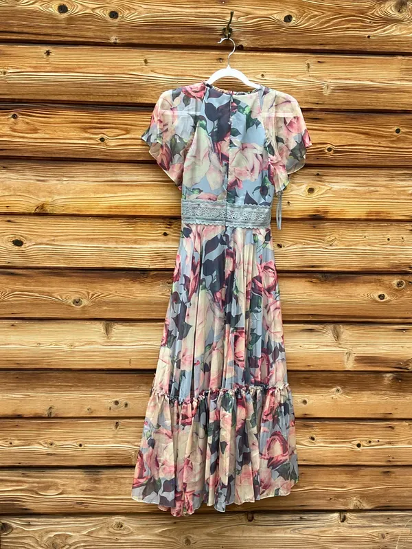 Mac Duggal Size 2 Blue Floral Flutter Lace Trim Midi Dress Gown - Image 10